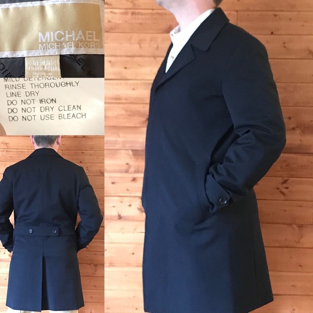 Michael Kors Mens Trench Coat Med Navy Blue Insulated Belted Overcoat Raincoat